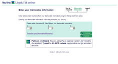 a screen shot of the second stage of the LloydsTSB online login process, showing a request for 3 random characters from a phrase, to be entered using drop down lists