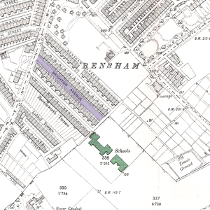 A scan of the relevant section of the old OS map, showing Brighton Avenue and the associated school