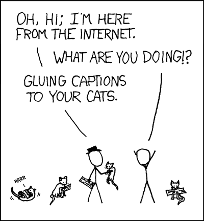 xkcd cartoon of man gluing captions to cats
