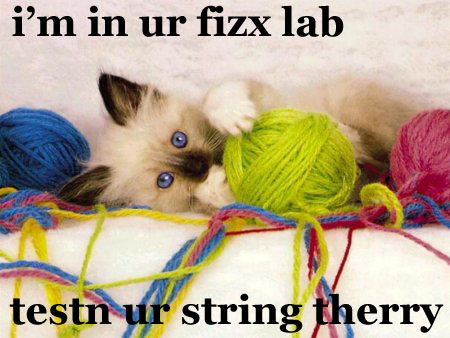 Lolcat: Kitty with a load of string balls. I'm im ur fizx lab... testn ur string therry