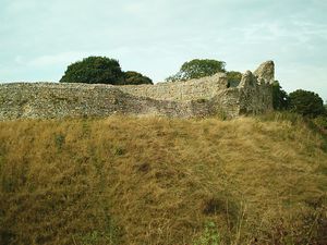 Acre Castle: Photograph earth bank surrounding the bailey, topped by a section of wall