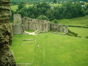 Richmond Castle: Photograph of Scolland's Hall, Gold Hole Tower and South Eastern Range, taken from the top of the keep