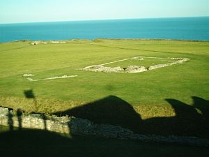 Scarborough Castle: Photograph of the headland showing the foundations of the King's Hall and the site of the Roman signal station