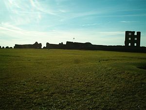 Scarborough Castle: Photograph of the keep and inner bailey silhouetted against the sky